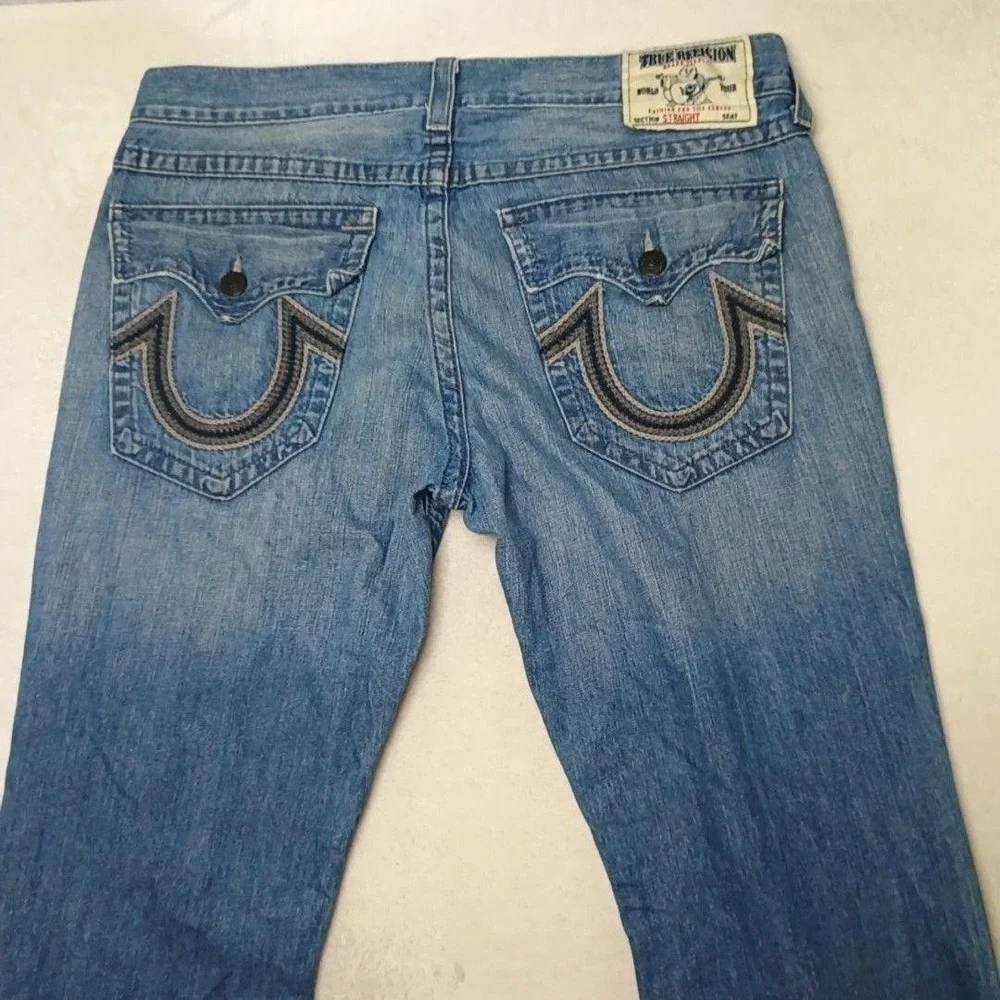 True Religion Jeans Men 38x34 Blue Straight Light Wash Billy Super T Embroidered
